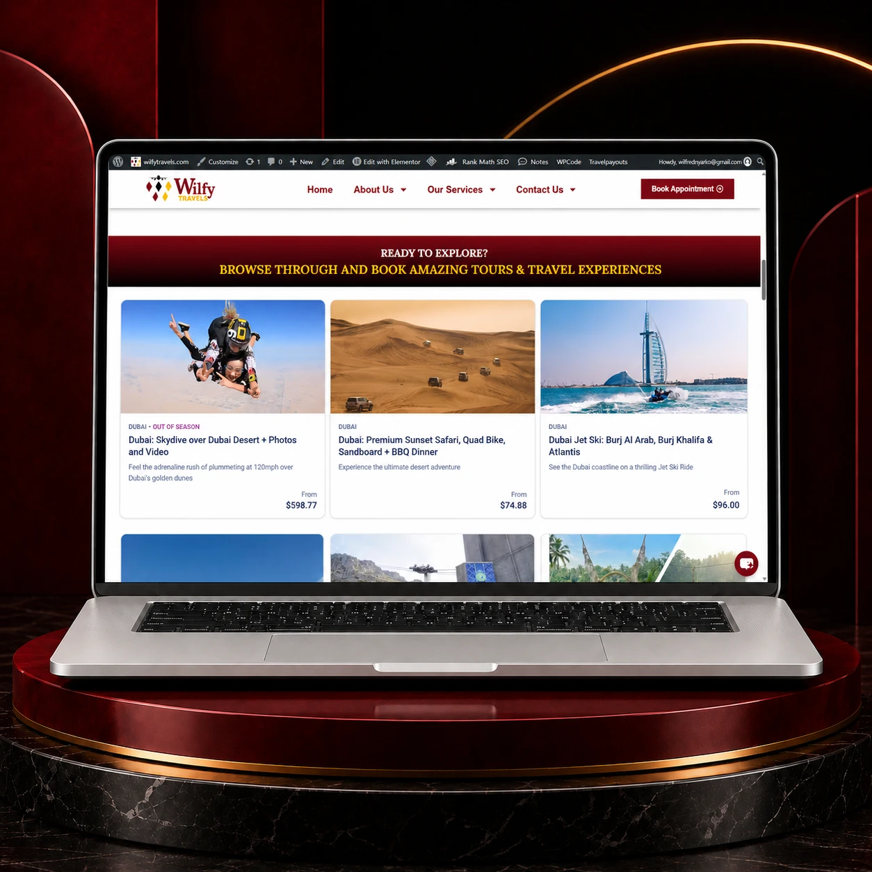 wilfy travels homepage desktop view