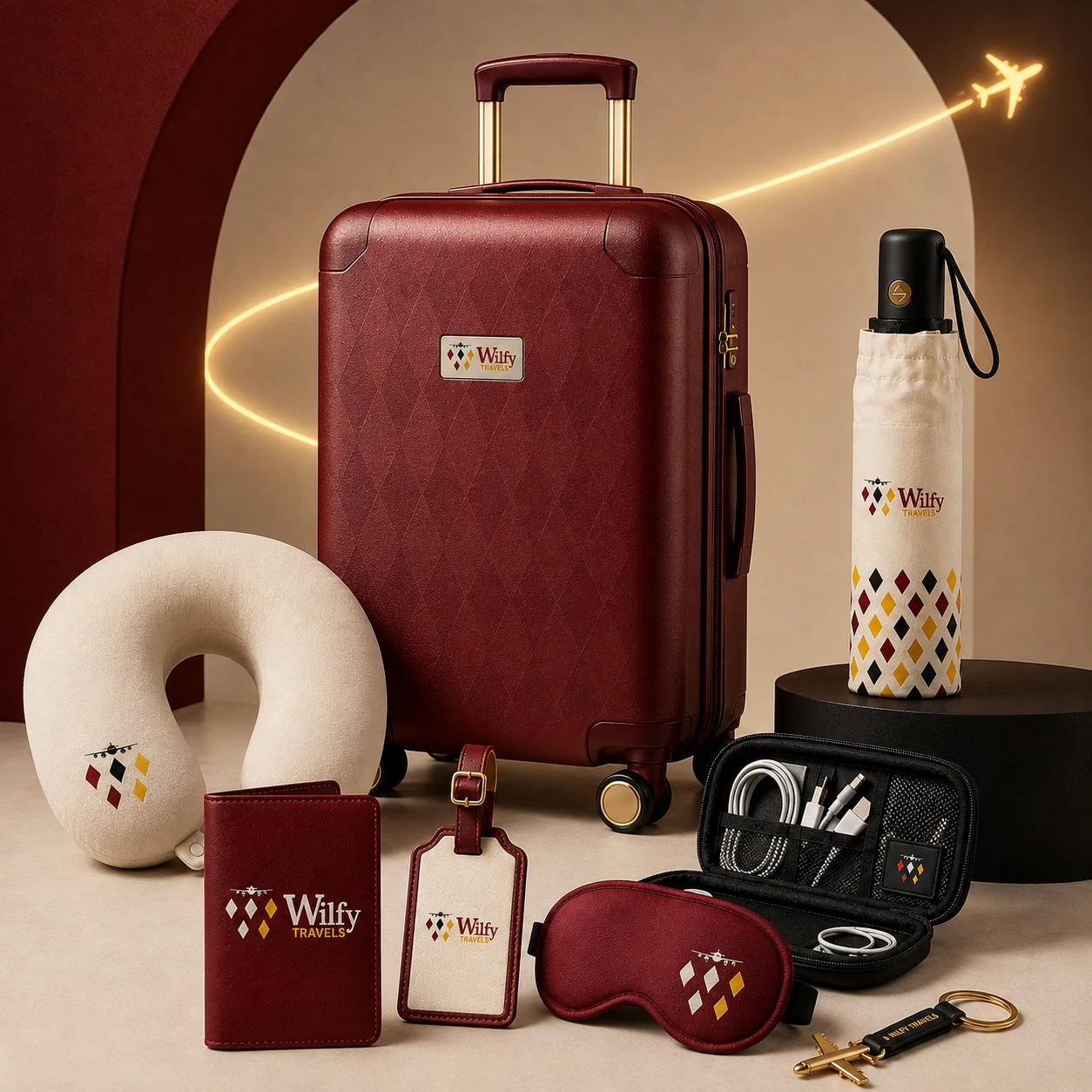branded wilfy travels luggage, flask and other materials by wilfy designs